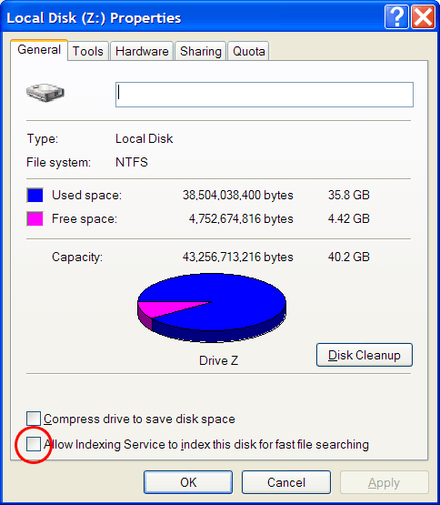 Do Not Allow Indexing Service to index this disk for fast file searching